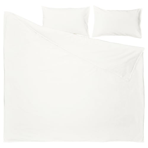 White RUNDHAGTORN bedding set, featuring a duvet cover and two pillowcases made of soft cotton and linen, with a casual, slightly wrinkled look.