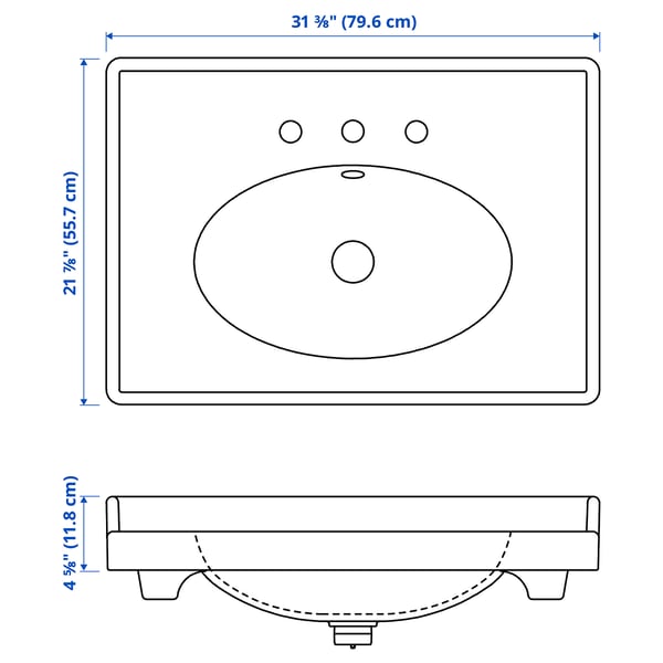 RUTSJÖN Sink with water trap, white 8" widespread, 31 3/8x21 7/8 "