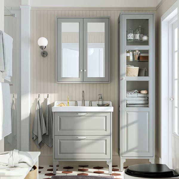 RUTSJÖN Sink with water trap, white 8" widespread, 31 3/8x21 7/8 "