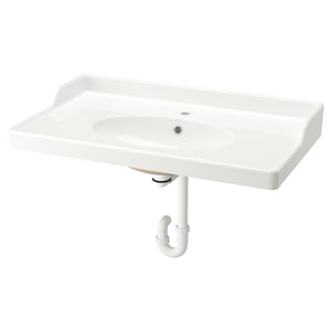 A white RUTSJÖN ceramic wash-basin with a raised backsplash and oval bowl, designed for a traditional look.