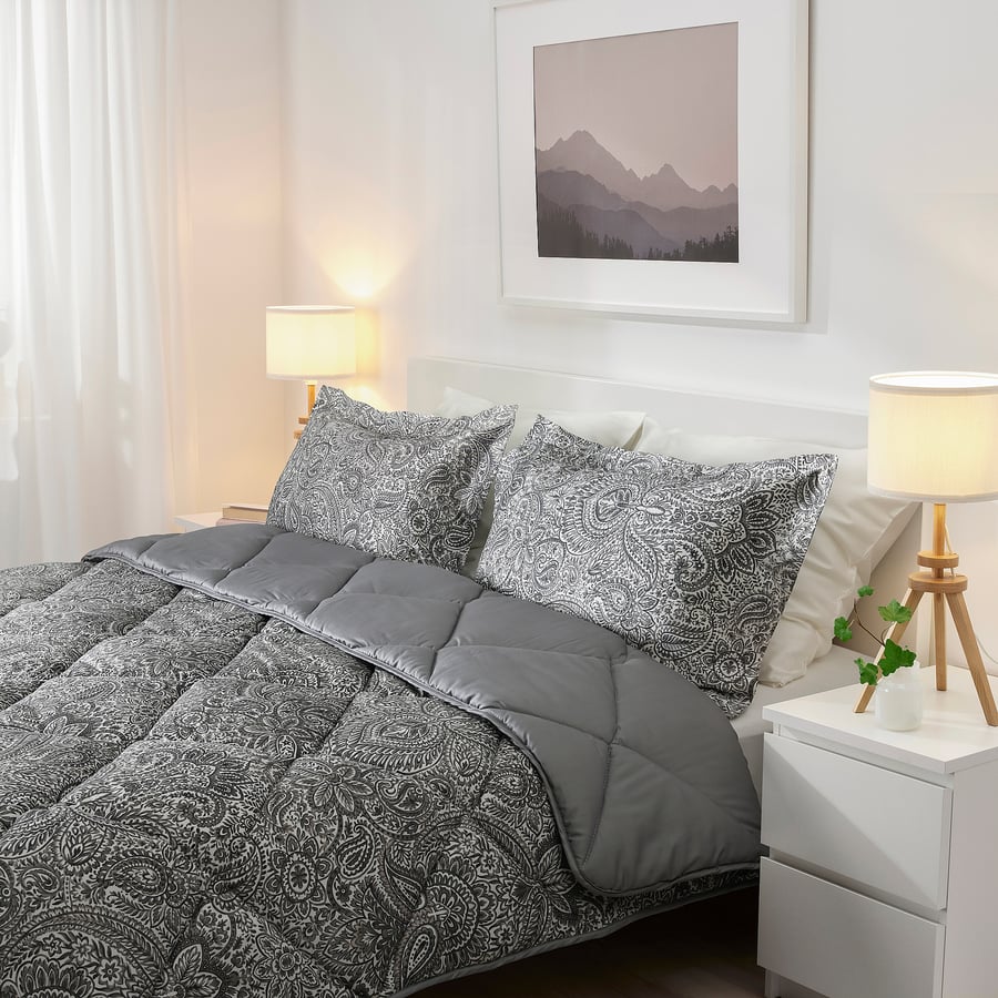 SÄVMOTT comforter and pillowcase(s), gray paisley pattern, Full/Queen