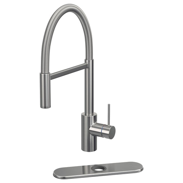 SALLSJÖN kitchen tap, stainless steel, high arc, dual spray.
