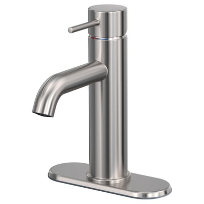 Modern stainless steel tap with cylindrical body, curved spout, and lever handle; high efficiency design.