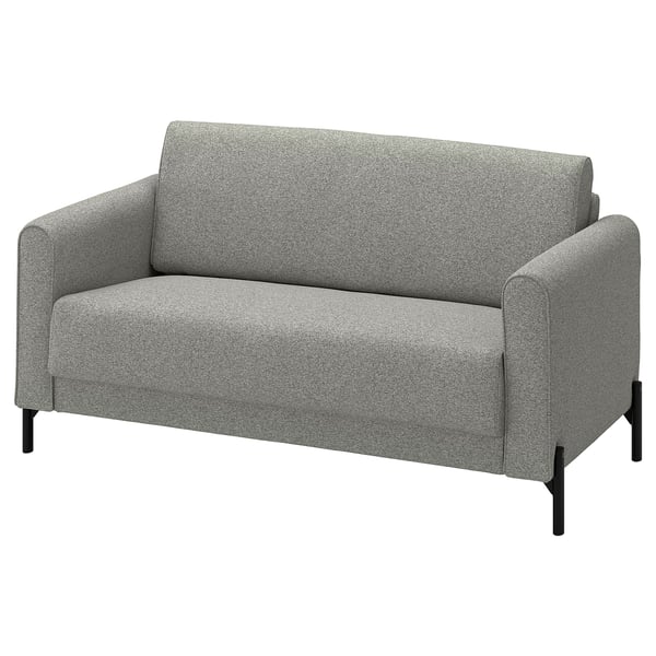 The SALTMYRAN is a compact, grey sofa with modern lines and black metal legs, perfect for cosy spaces.