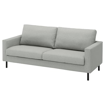 Modern grey sofa, light grey upholstery, sleek design, metal legs, comfortable cushions.