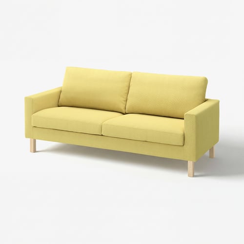 Light green sofa, modern design, wooden legs, cotton and polyester fabric.