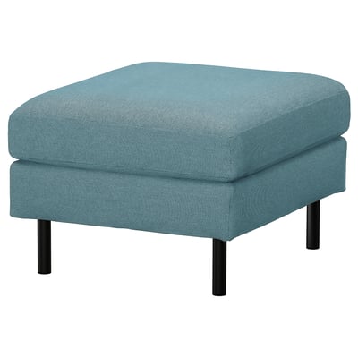 Turquoise upholstered footstool, square with black metal legs.