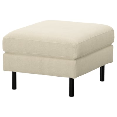 White upholstered footstool with black metal legs. Modern, square design. Ideal for extra seating or resting feet.
