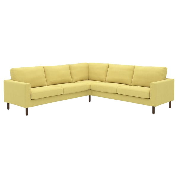 Bright yellow l-shaped sofa with wooden legs, modern and comfortable design.