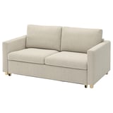 Modern beige sofa-bed with gold legs, minimalist design, upholstered in cotton-polyester fabric.