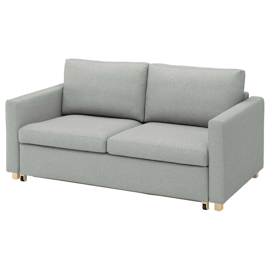 Light grey modern sofa with clean lines, rectangular cushions, wooden legs. Suitable for small spaces, stylish and functional.