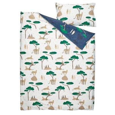 SANDLÖPARE Duvet cover and pillowcase(s), white dark blue/savannah, Twin