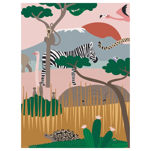 Vibrant savannah poster; zebra, leopard, flamingo, elephant, monkey, giraffe, ostrich, cheetah, tortoise, cactus, tree, mountains, sky.