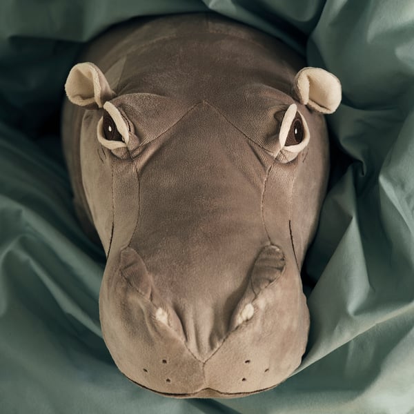 Stuffed hippo toy, soft fabric, detailed recycled materials