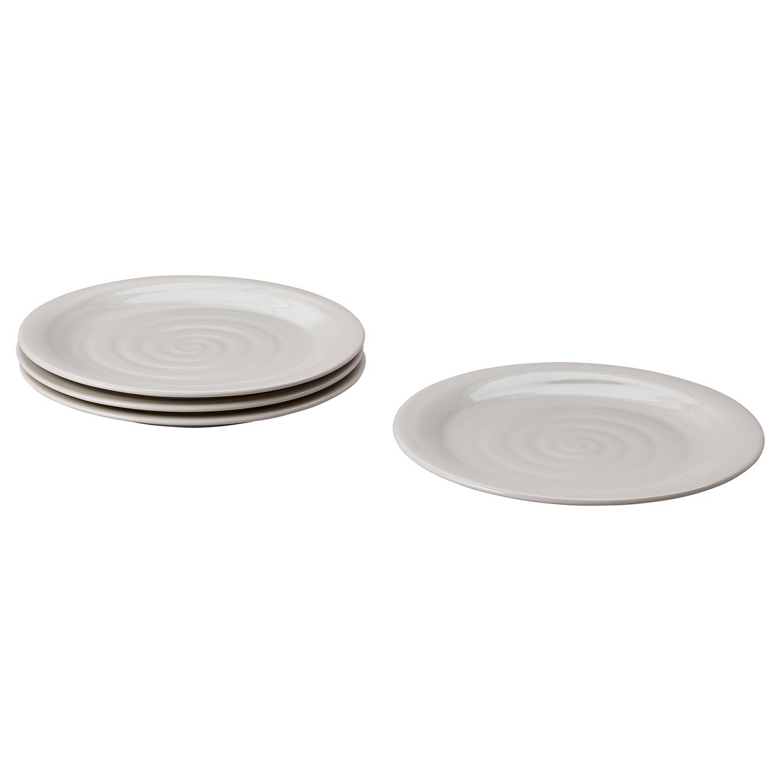 Four light grey, round, ceramic plates with a subtle textured swirl design, neatly stacked and displayed against a white background.
