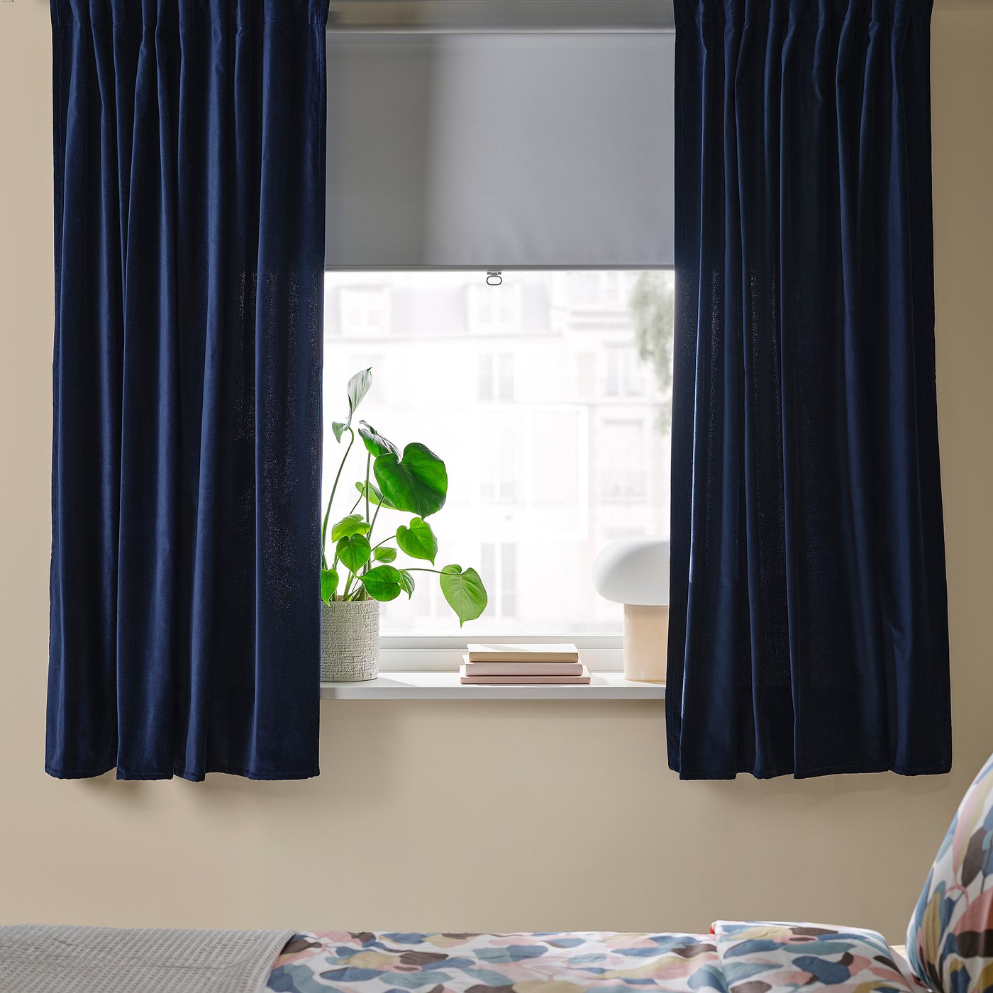 SANELA curtains, 1 pair, dark blue/with heading tape, 55x65