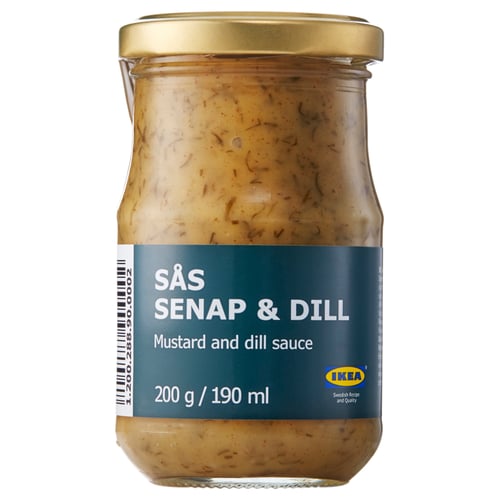 Jar of mustard and dill sauce by IKEA.