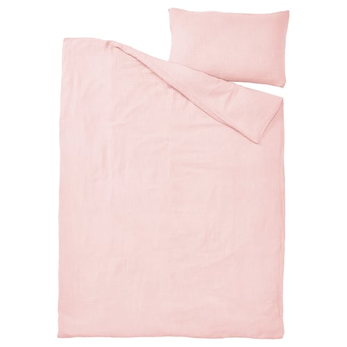 A light pink SCHERSMIN duvet cover set made of soft, breathable 100% organic cotton in a muslin texture, featuring a simple, smooth design.
