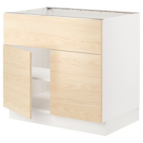 Modern kitchen cabinet in light wood & white. Two doors, adjustable shelves, and a sturdy frame.