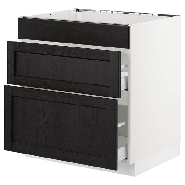 SEKTION Base cab f/cooktop with 2 drawers, white Maximera/Lerhyttan black stained, 30x24x30 "