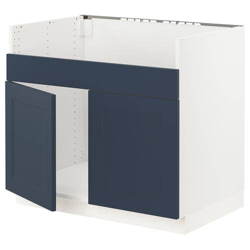 SEKTION kitchen unit in blue and white with wooden doors.