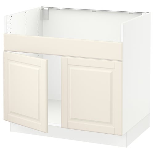 An off-white SEKTION kitchen cabinet in classic design with bevelled edges, featuring wooden doors and a sturdy metal frame structure.