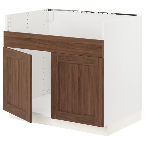 SEKTION walnut wooden kitchen cabinet, white frame, rectangular, soft-closing hinge.