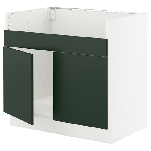 A SEKTION kitchen cabinet in white and green. It a modern design with flat panel doors and drawer fronts.