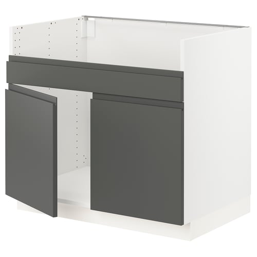 Modern grey kitchen unit, rectangular, sleek handle-less design, sturdy frame.
