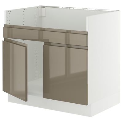 SEKTION Base cab f HAVSEN double bowl sink, white/Voxtorp high-gloss dark grey-brown, 36x24x30 "