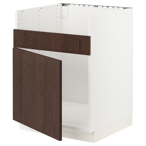 SEKTION kitchen cabinet, white with dark brown wood grain doors, rectangular, modern design.