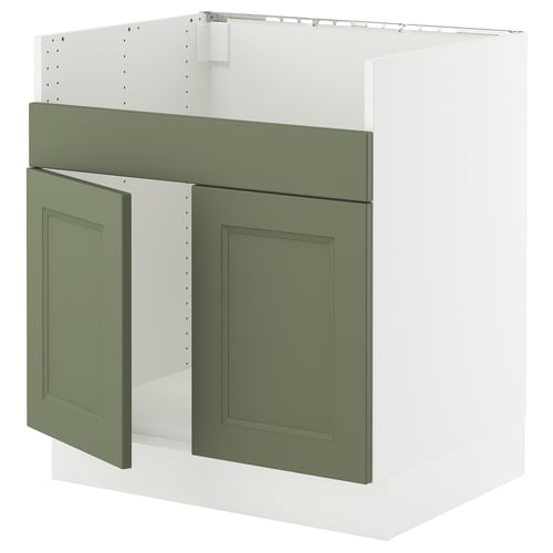 A SEKTION kitchen cabinet with grey-green axstad doors, featuring a modern, rectangular design with prominent hinges.
