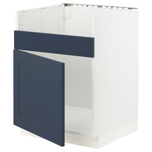 Ikea SEKTION cabinet with blue axstad door, partially open.