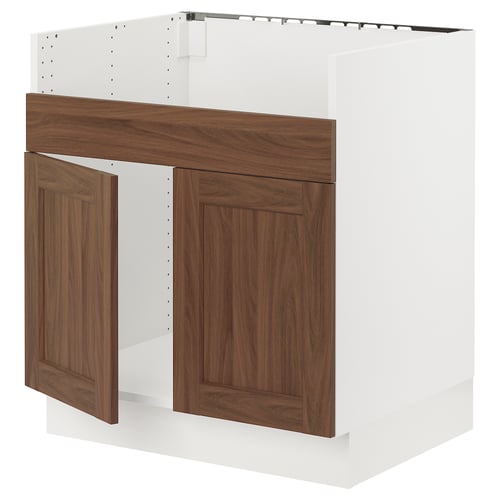 White SEKTION cabinet with walnut doors, classic style, sturdy frame.