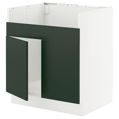Modern ikea kitchen cabinet, dark green fronts, white frame, rectangle.