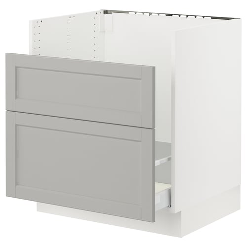 Displays a white SEKTION kitchen cabinet with grey lerhyttan fronts and bevelled edges, featuring a drawer and a door, offering a classic look.