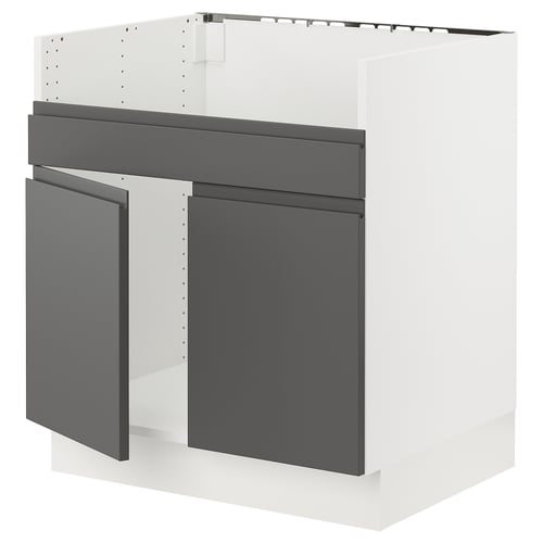 SEKTION kitchen unit in dark grey with white top, l-shape design.
