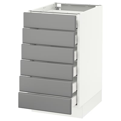 An ikea SEKTION kitchen cabinet with six grey drawers and a white frame. It has a clean, modern design.