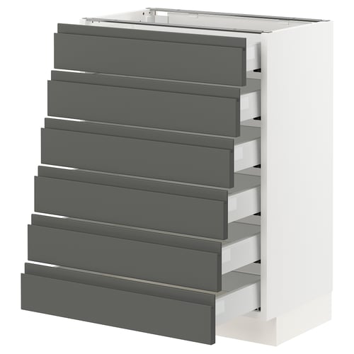 SEKTION kitchen unit with grey drawers and white frame.