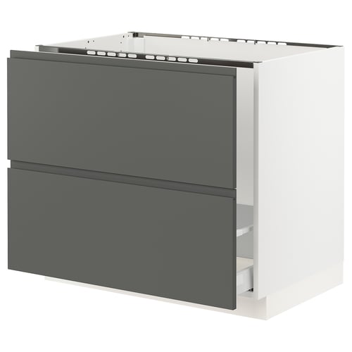 Modern kitchen cabinet in grey and white with two drawers. Sturdy construction with sleek, integrated handles.