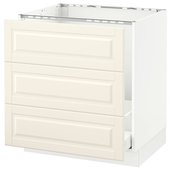 White off-white kitchen cabinet set, traditional design with bevelled edges, smooth-running drawers.