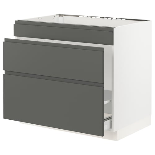 This image shows an ikea SEKTION kitchen unit in white with grey voxtorp drawers, featuring a modern design with integrated handles.