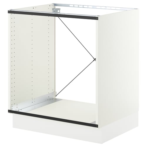 A white SEKTION kitchen module in a square shape, partially assembled with metal supports and an air duct.