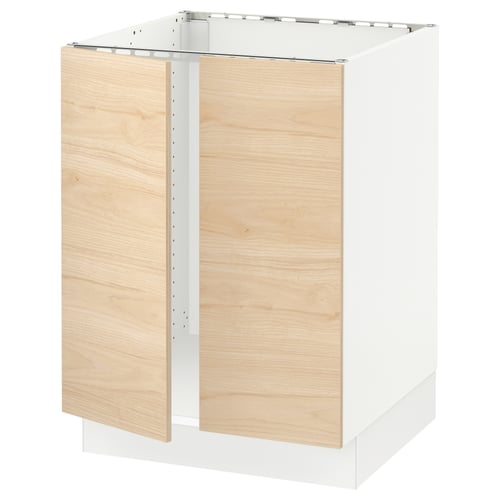 A white and light wood ikea SEKTION base kitchen cabinet with a metal frame.