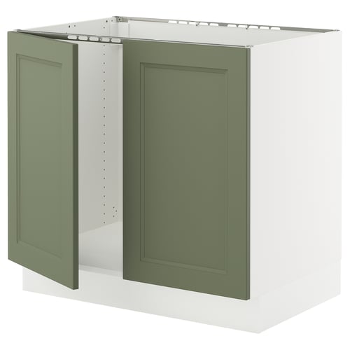 SEKTION kitchen cabinet in green with white interior, flat panels, modern design.