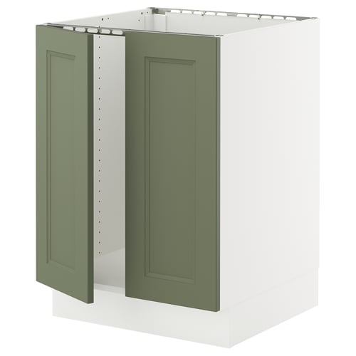An ikea SEKTION kitchen cabinet with grey-green axstad doors, featuring a modern or traditional design with a sturdy frame and snap-on hinges.