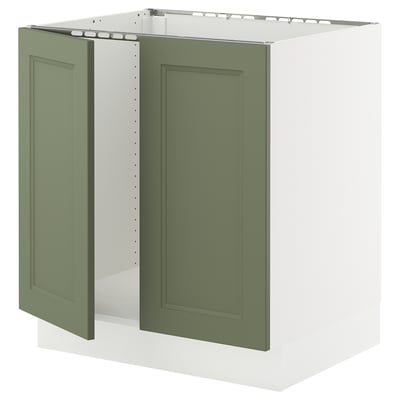 An olive-green kitchen cabinet from the SEKTION line, showcasing its sleek, modern design and sturdy structure.