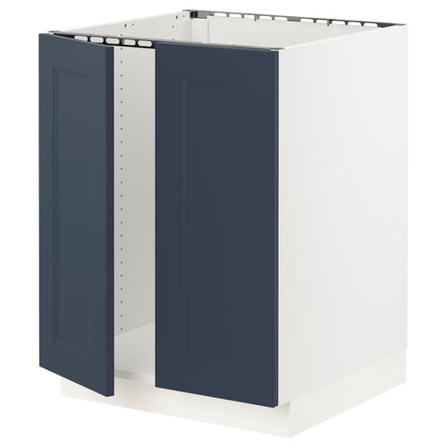 SEKTION kitchen unit: blue, white, rectangular, modern, wood-like door, metal rails.