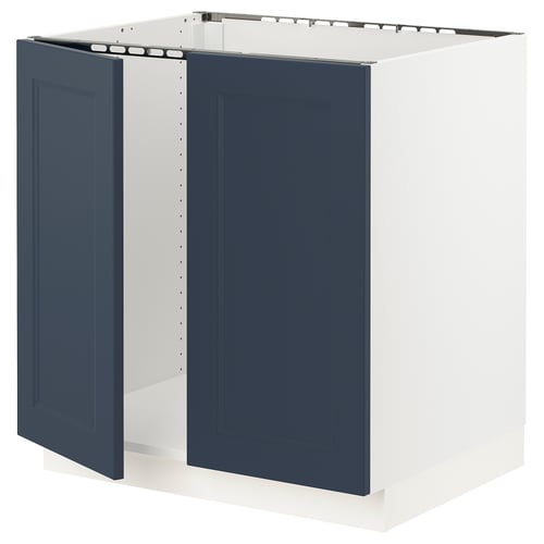 Blue kitchen cabinet with white interior. Simple, modern design. Snap hinges.