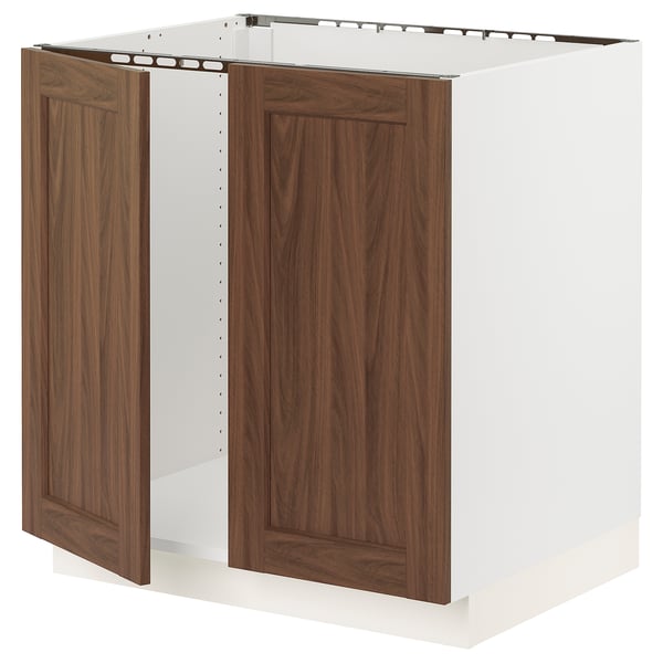 SEKTION Base cabinet for sink + 2 doors, white Enköping/brown walnut effect, 30x24x30 "